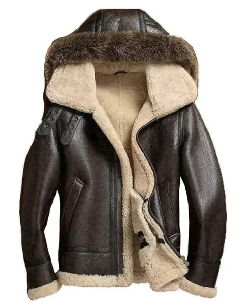 Mens Genuine Leather Shearling Hooded Jacket