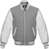 Mens Grey and White PU Leather Sleeves Letterman Bomber Jacket