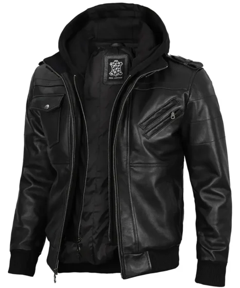 Mens Leather Detach Hood Black Jacket