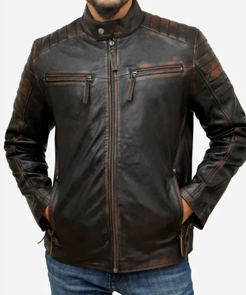 Mens Motorcycle Quilted Cafe Racer Brown Leather Jacket