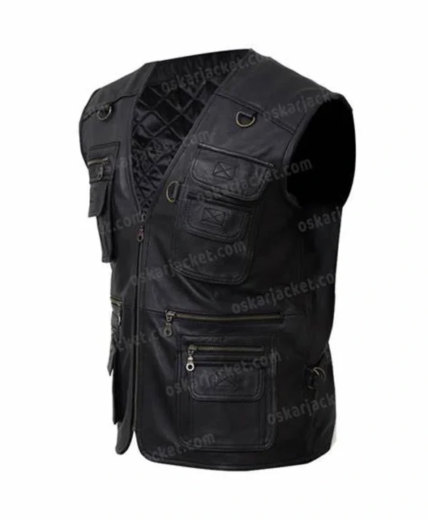 Men’s Multi Pockets Black Leather Workwear Vest