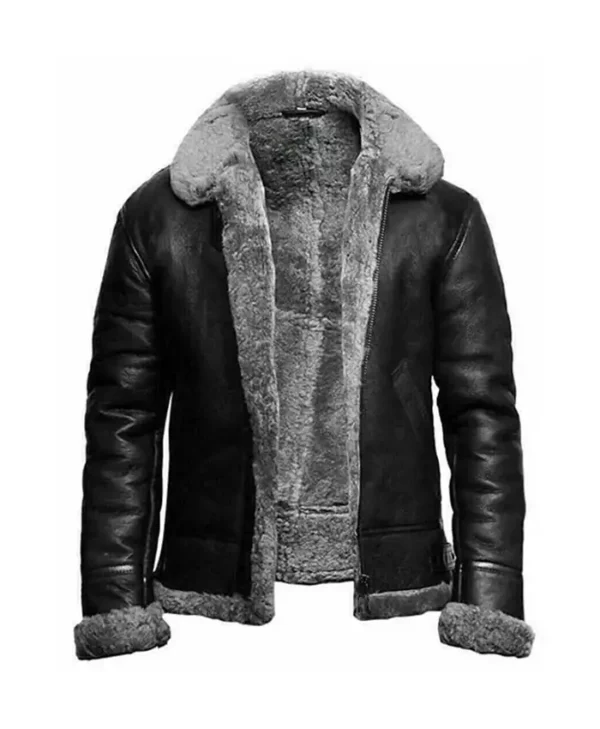 Mens Shearling Fur Black Real Leather Jacket