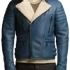 Mens Shearling Fur Blue Biker Asymmetrical Leather Jacket