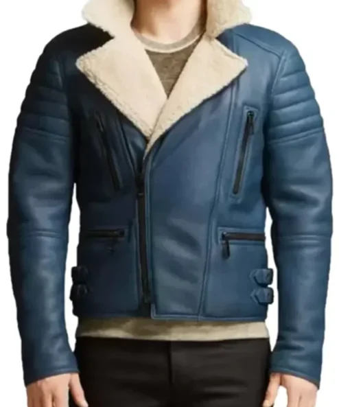 Mens Shearling Fur Blue Biker Asymmetrical Leather Jacket