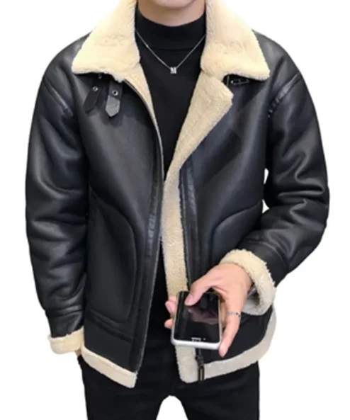 Mens Sheepskin Black Leather Jacket For Sale