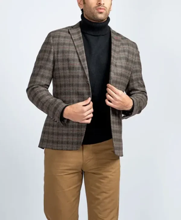 Mens Single Breasted Plaid Suiting Fabric Brown Blazer Jacket