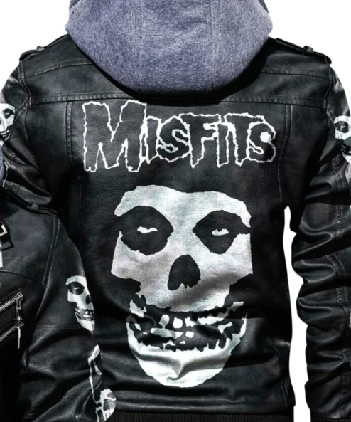 Mens Skull Printed Misfits Hooded Leather Bomber Jacket