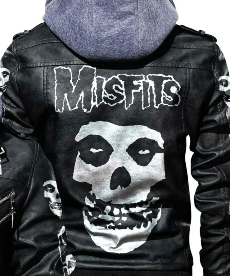 Mens Skull Printed Misfits Hooded Leather Bomber Jacket