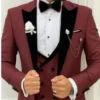 Mens Slim Fit Three Piece Burgundy Groom Wedding Suit