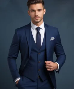 Mens Suiting Fabric Three Piece Navy Blue Vested Dinner Suit