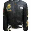 Mens Top Gun Black Zipper Black Leather Hooded Bomber Jacket