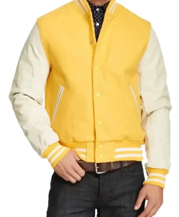 Mens Yellow and White Football Style Bomber Letterman Jacket