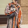 Met Gala Rita Ora Fur Stripes Orange Coat