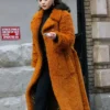 Only Murders In The Building Mabel Mora Brown Fur Long Coat Side look