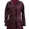 Only Murders in the Building Mabel Mora Maroon Leather Coat Full look