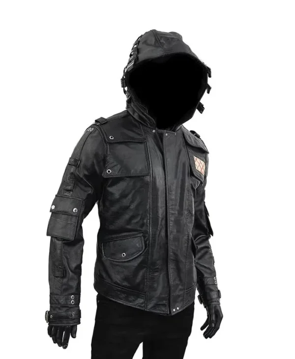 PUBG Mens Black Hooded Leather Jacket