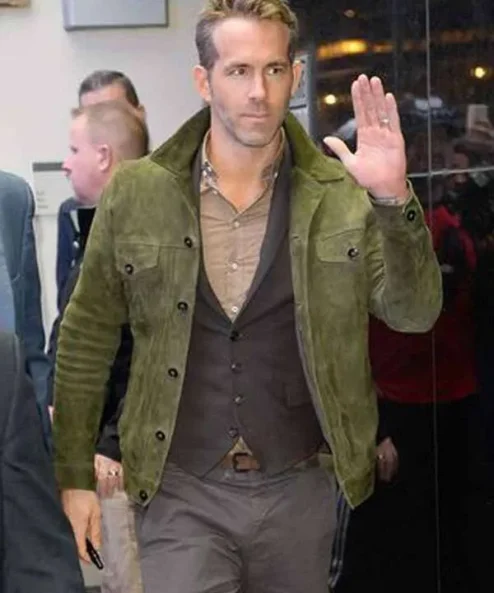 Red Notice Ryan Reynolds Green Suede Leather Jacket