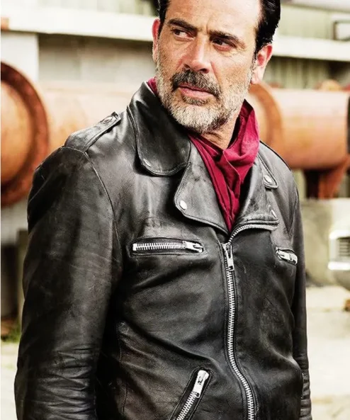 S07 Negan Smith Black Leather Biker Jacket