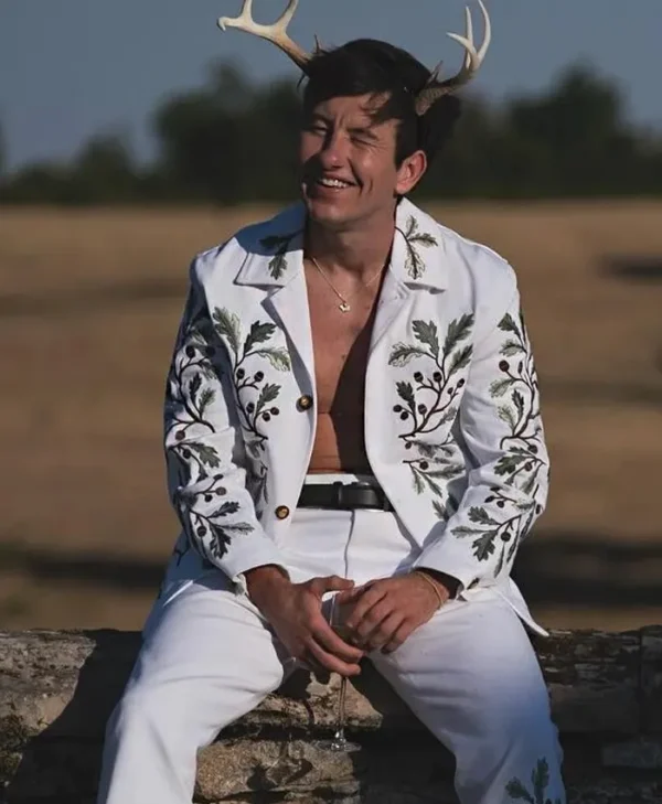 Saltburn Oliver Quick Green Leaf Embroidery White Jacket
