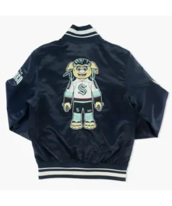 Seattle Kraken Buoy Mascot Blue Satin Varsity Jacket Back