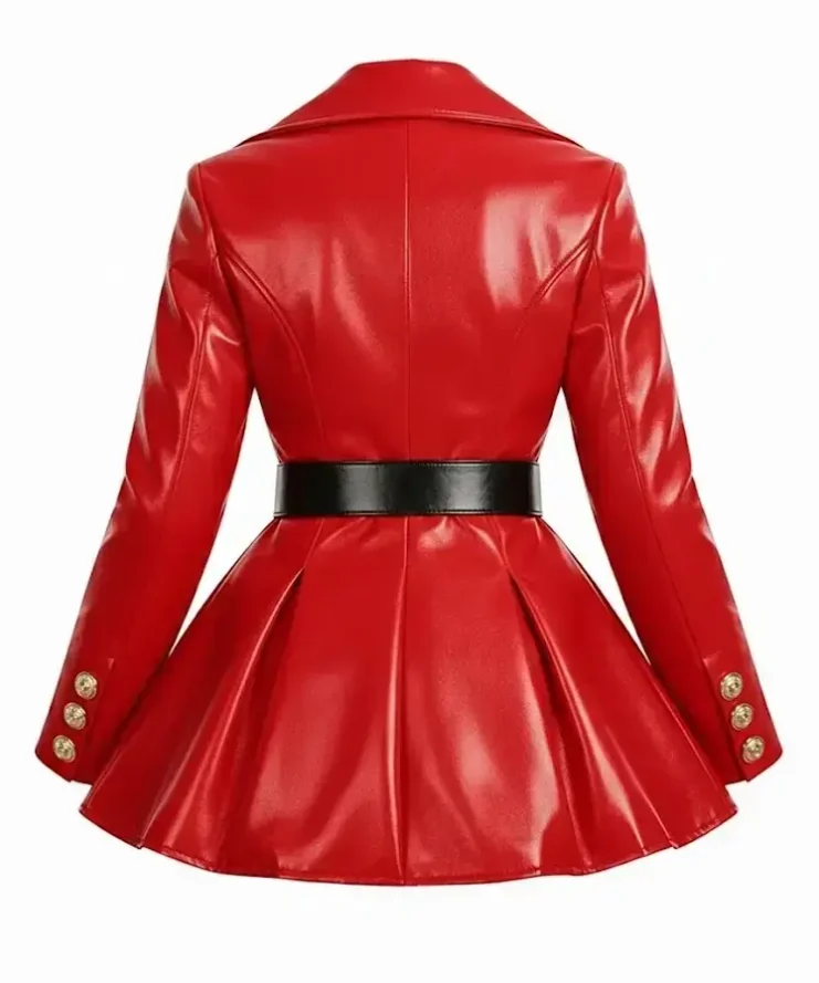 Shop Classic Red Leather Peplum Belted Jacket for Women