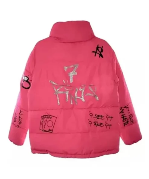 Singer Ariana Grande 7 Rings Pink Puffer Jacket back look