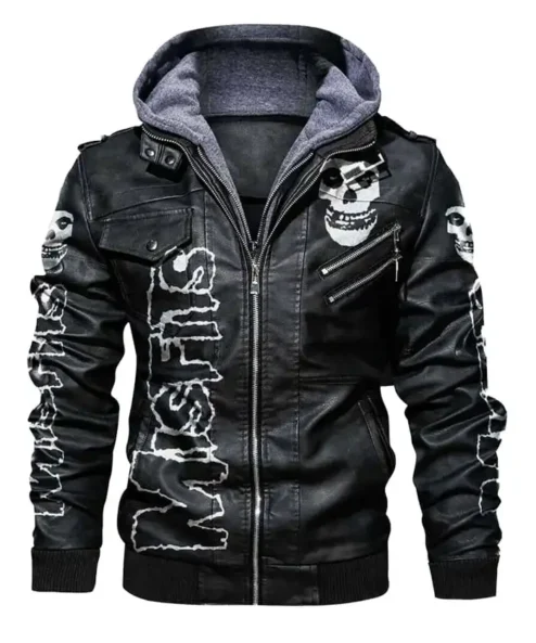 Skull Printed Misfits Hooded Leather Bomber Jacket