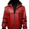 Slim Fit Red Hooded Leather Jacket