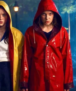 Stranger Things Eleven Red Hooded PU Leather Rain Coat