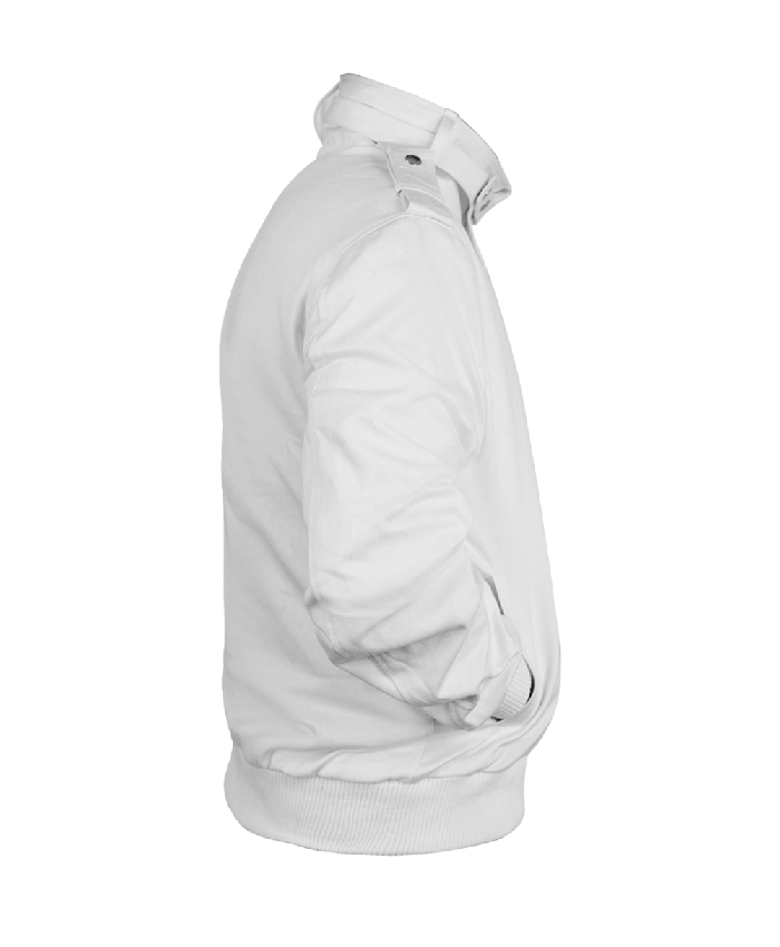 Snowfall Franklin Saint white varsity bomber jacket with snap-button closure