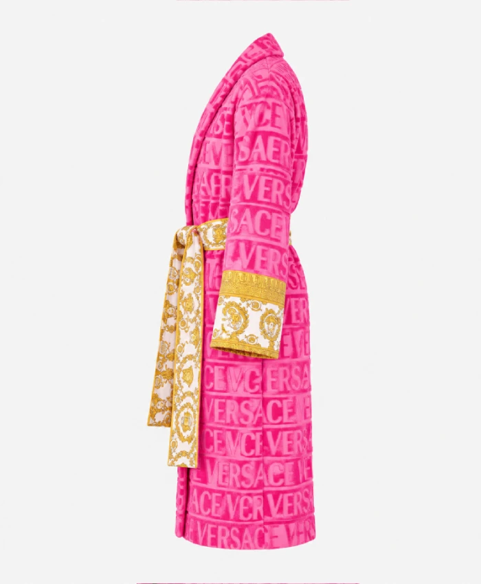 Pink Versace robe with luxurious satin finish and shawl collar