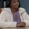 Tabyana-Ali-General-Hospital-2023-Trina-Robinson-White-Fluffy-Jacket