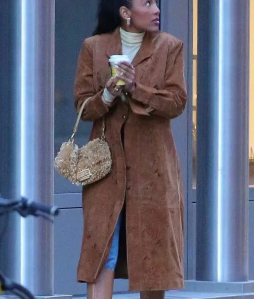 Tayshia-Adams-Womens-Brown-Long-Coat-Womens-Brown-Long-Coat