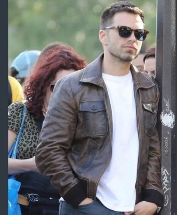 The 355 Sebastian Stan Brown Bomber Leather Jacket