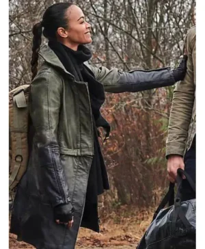 The Adam Project Zoe Saldana Faux Leather Coat side look