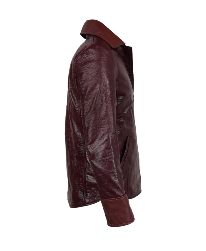 Niobe red leather jacket with a bold futuristic Matrix-inspired look
