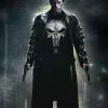 The Punisher black long leather coat with full-length sleeves and open hem cuffs