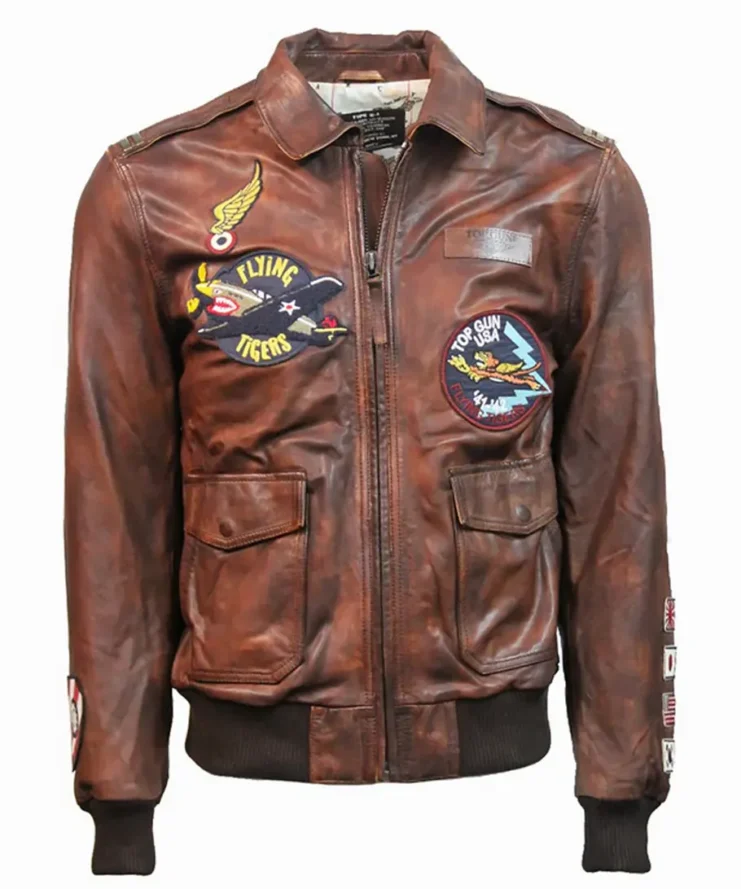 Top Gun Flying Tigers Zip Up Pilot Bomber Leather Jacket