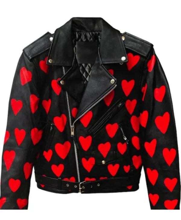 Valentine Heart Printed Biker Leather Jacket