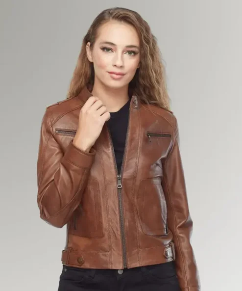 Woman Slim Fit Biker Vintage Brown Sheepskin Leather Jacket