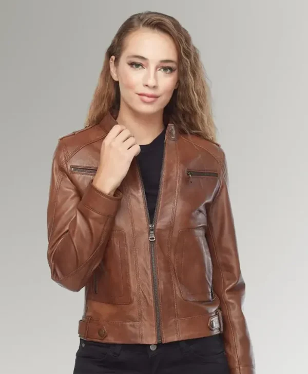 Woman Slim Fit Biker Vintage Brown Sheepskin Leather Jacket