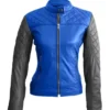 Women Blue With Quilted Leather Jacket