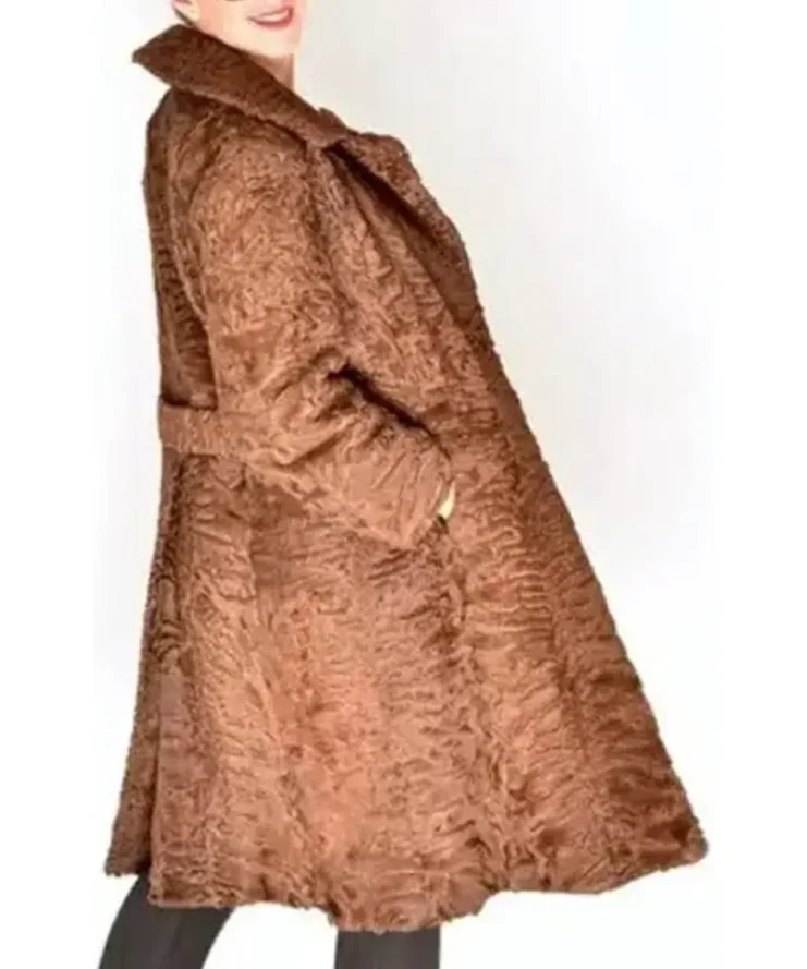 Women Brown Swakara Lamb Fur Trench Coat With Mink Fur