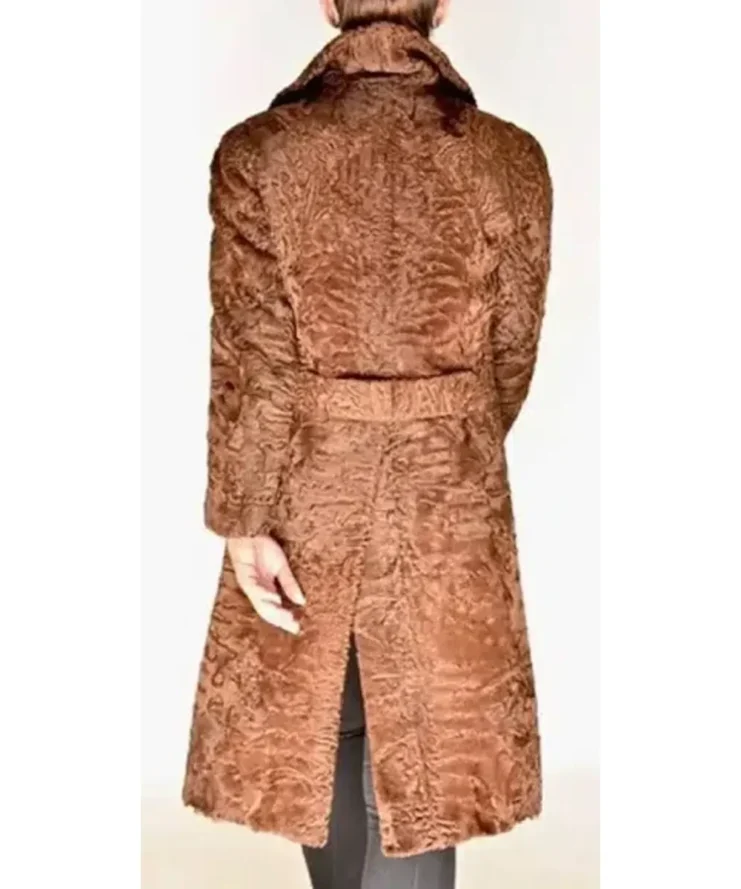 Women Brown Swakara Lamb Fur Trench Coat With Mink Fur Collar