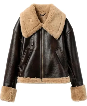 Women Pilot Aviator Shearling Lined Brown Leather Jacket