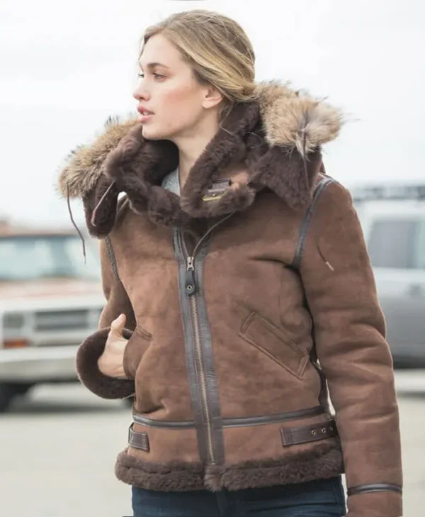 Women Sheepskin B3 Bomber Brown Hooded Jacket