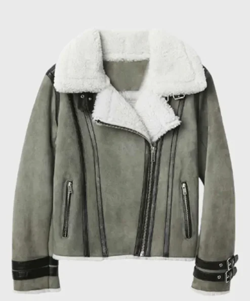 Women Soft Shearling Fur Collar Grey Jacket