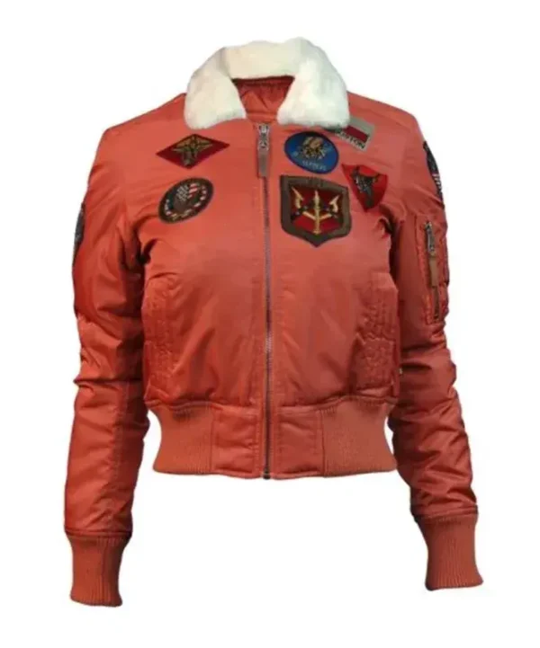 Women Top Gun Aviator Cropped Orange Sherpa Bomber Jacket