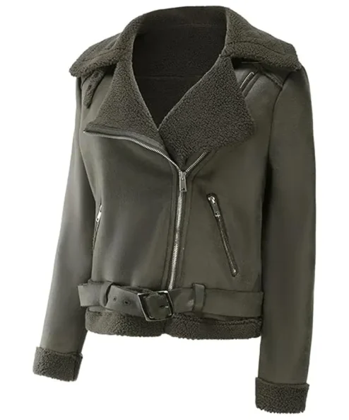Womens Biker Aviator Shearling Fur Green Leather Jacket
