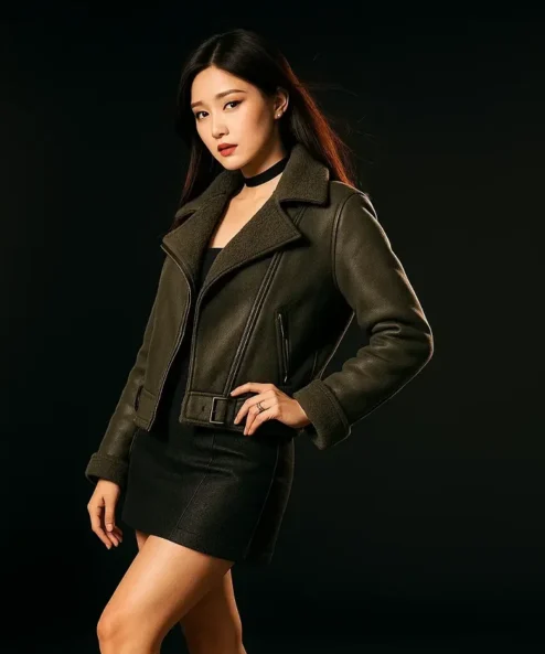 Womens Biker Aviator Sheepskin Shearling Fur Motorcycle Green Leather Jacket